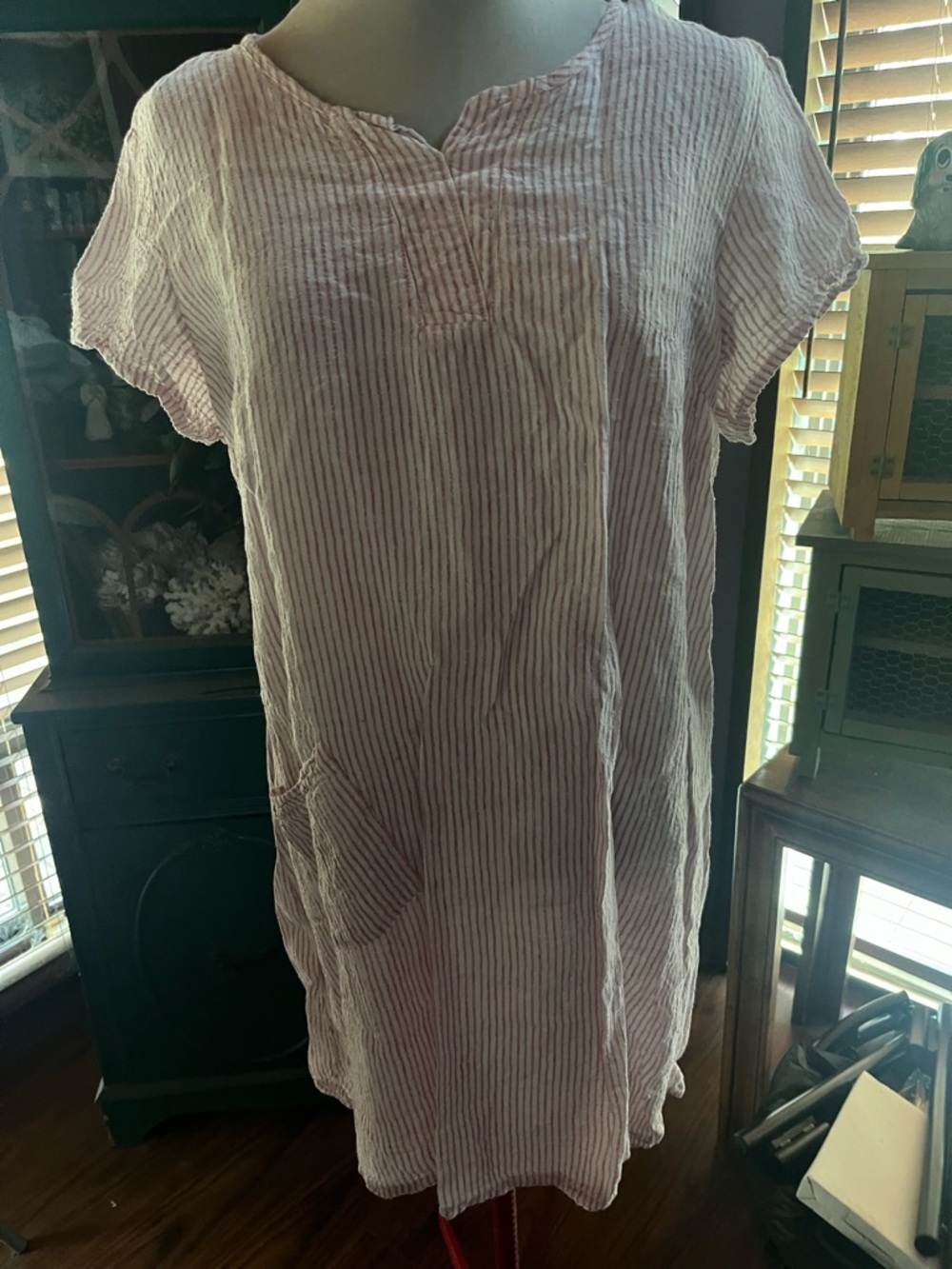 Flax Designs Medium Pink/Red Striped Linen Tunic Dress